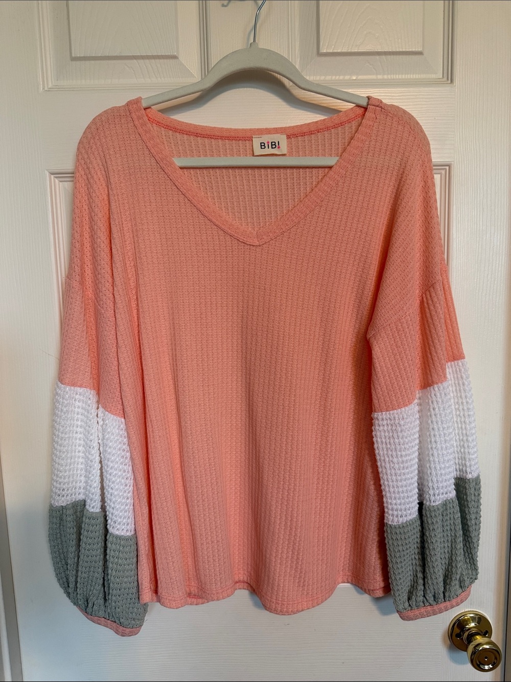BiBi Coral Colorblock Waffle V-Neck Pullover